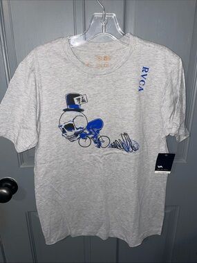 RVCA Light Gray Tee with Blue Skull Bicyclist Graphic